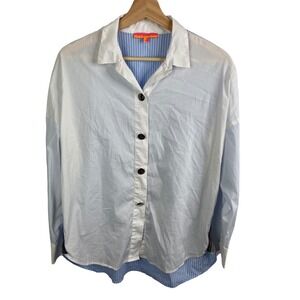 VILAGALLO Button Up Shirt Catual Top Blouse Size 42 Medium White Blue‎ Striped
